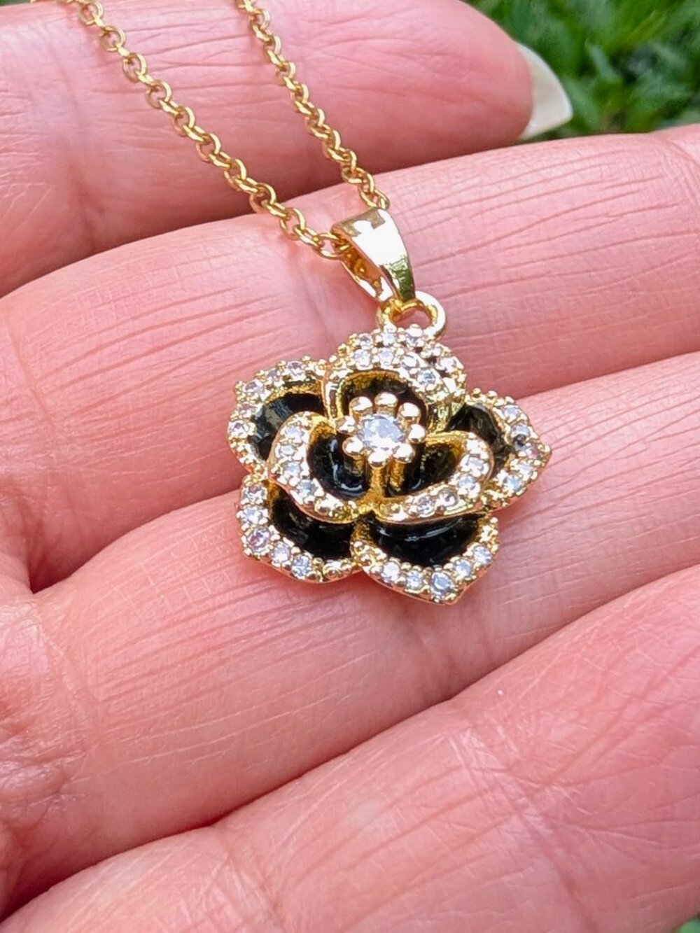 Adornia Gold-Plated Black Crystal Carnelian Flower Necklace - NWT